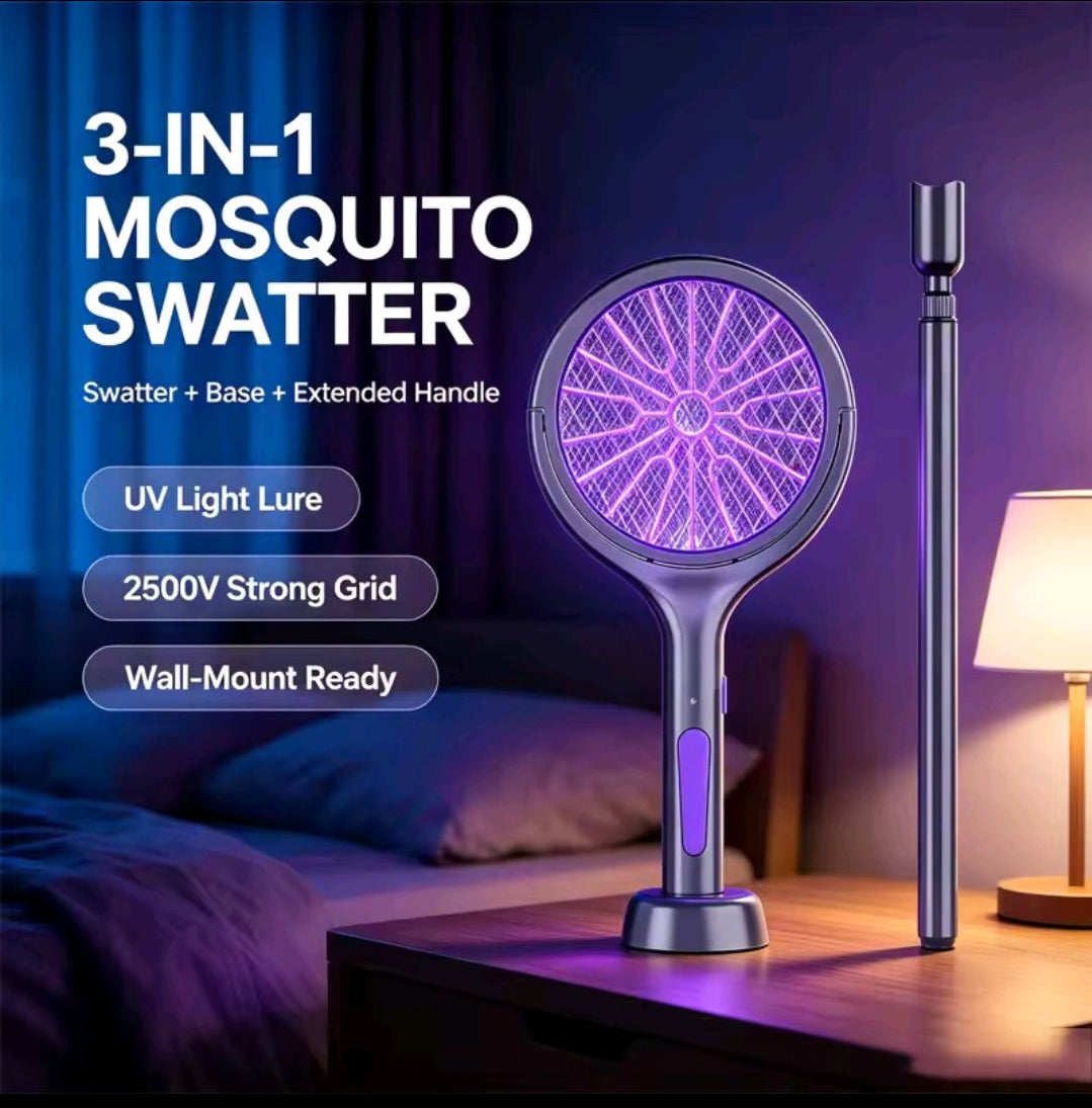 3-in-1 electric mosquito swatter with glowing UV light grid