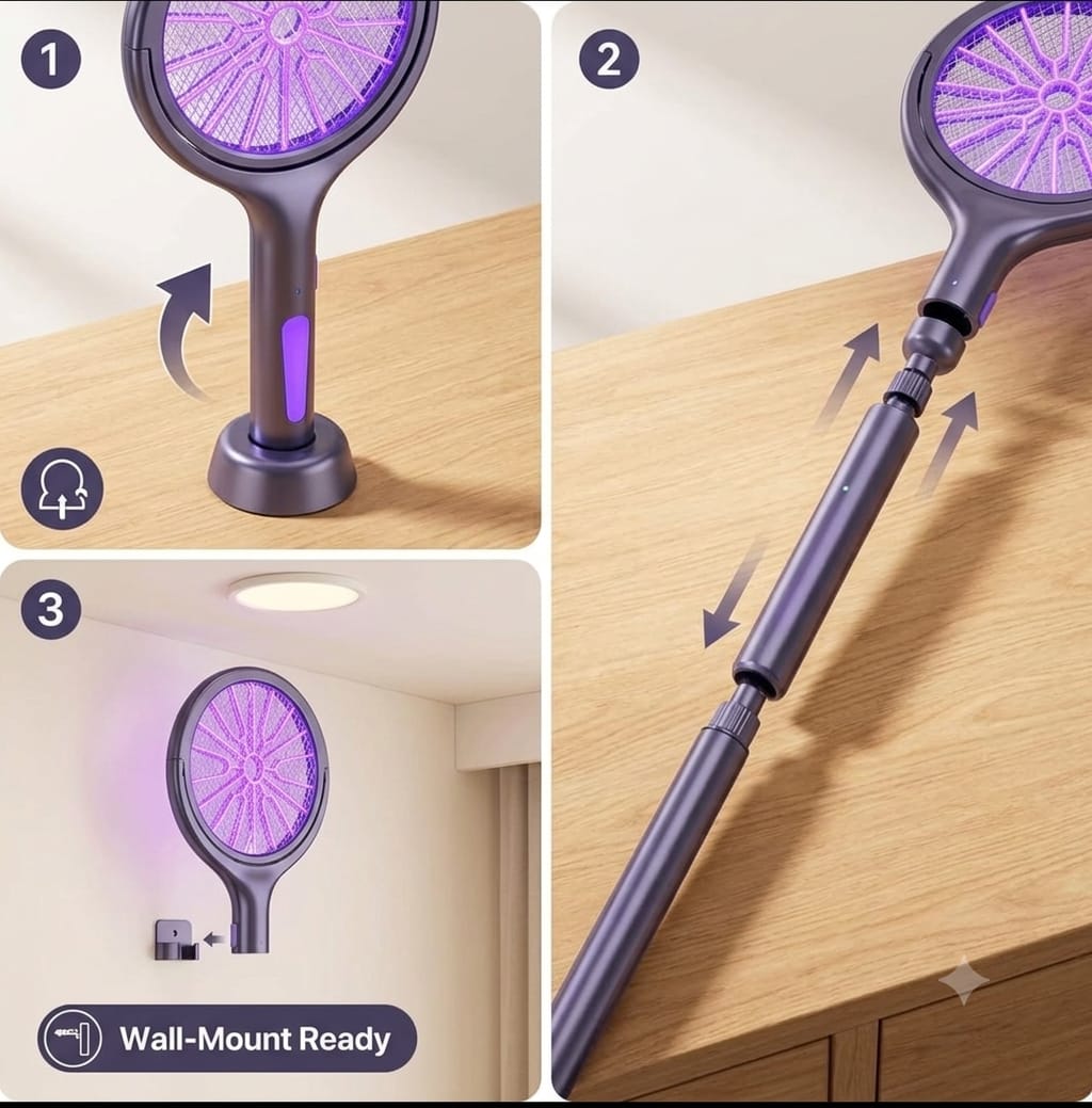 Mosquito zapper on charging base, wall-mount ready